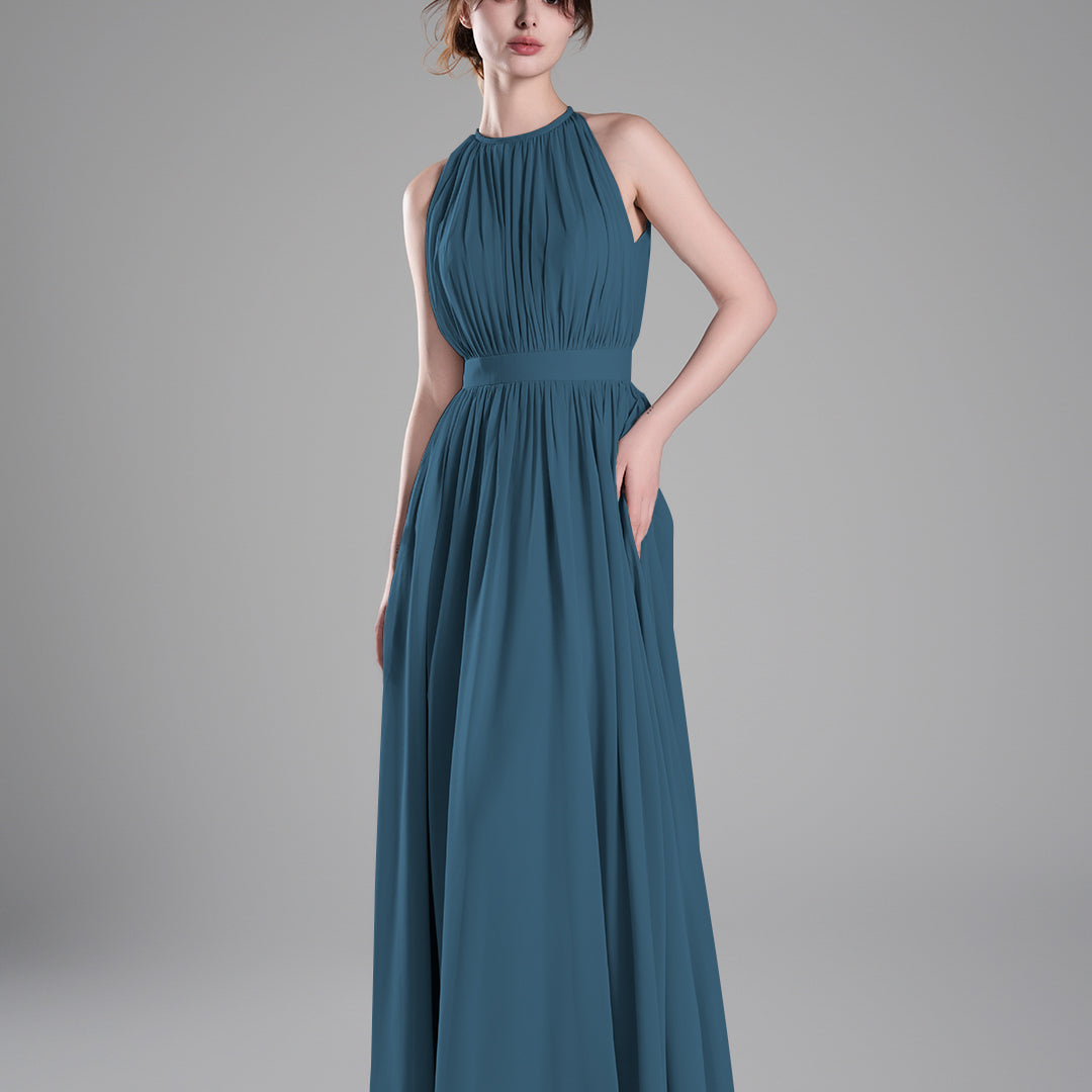 Halter Neckline Pleated Cinched Waist Dresses