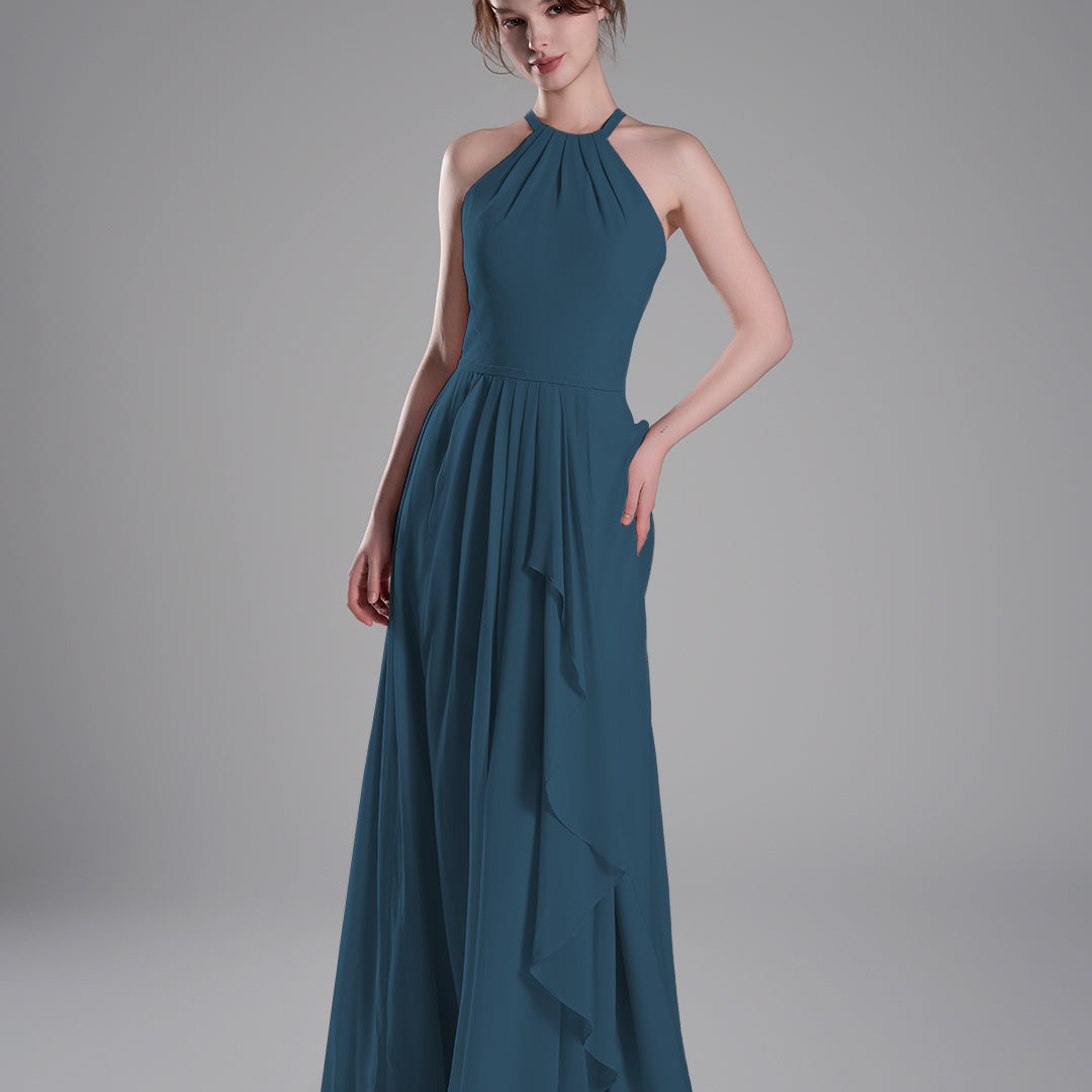 Halter Neckline Pleated Asymmetrical Ruffle Dresses