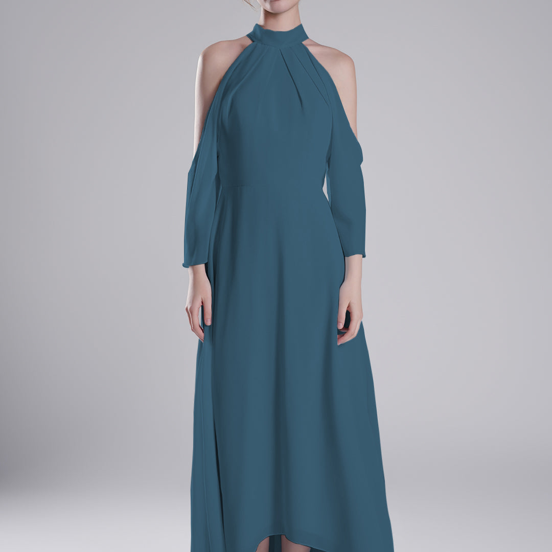 Back Tie Halter Neckline Tulle Long Sleeve Dresses
