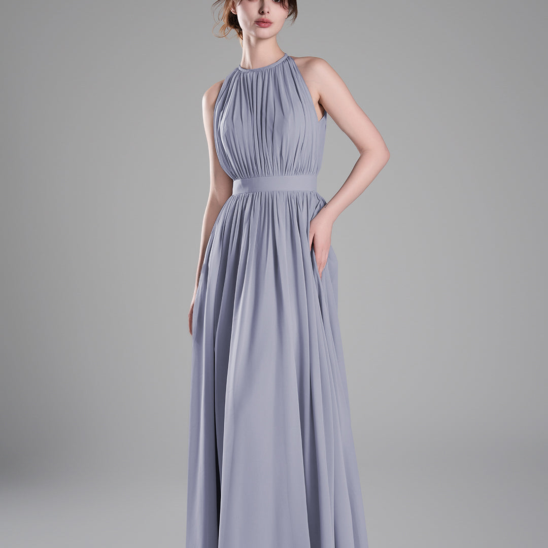 Halter Neckline Pleated Cinched Waist Dresses