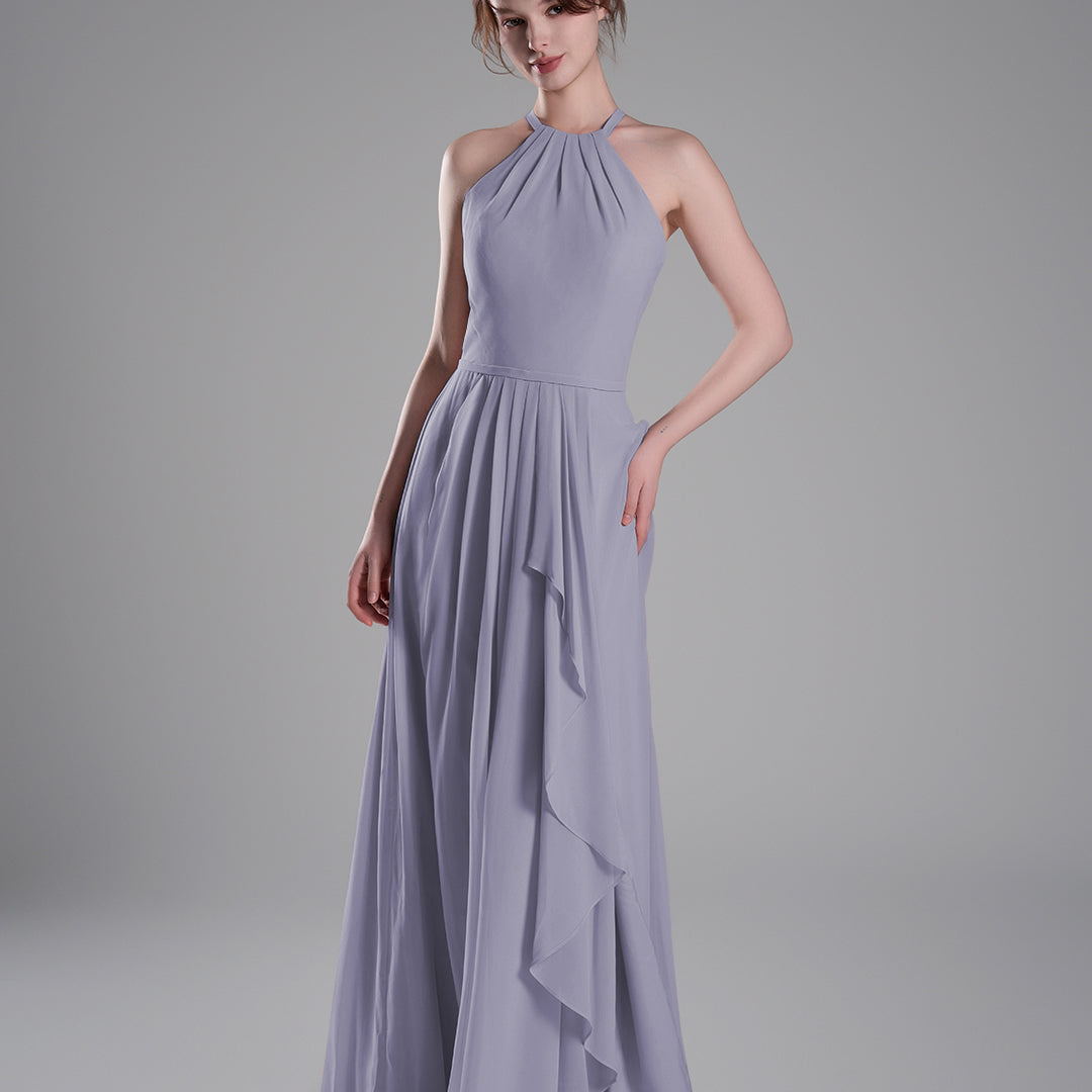 Halter Neckline Pleated Asymmetrical Ruffle Dresses