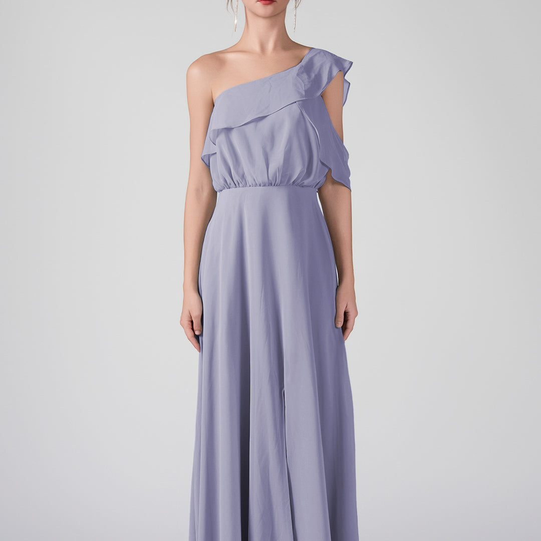 One Shoulder Ruffled Sleeves Front Split A-Line Maxi Dress