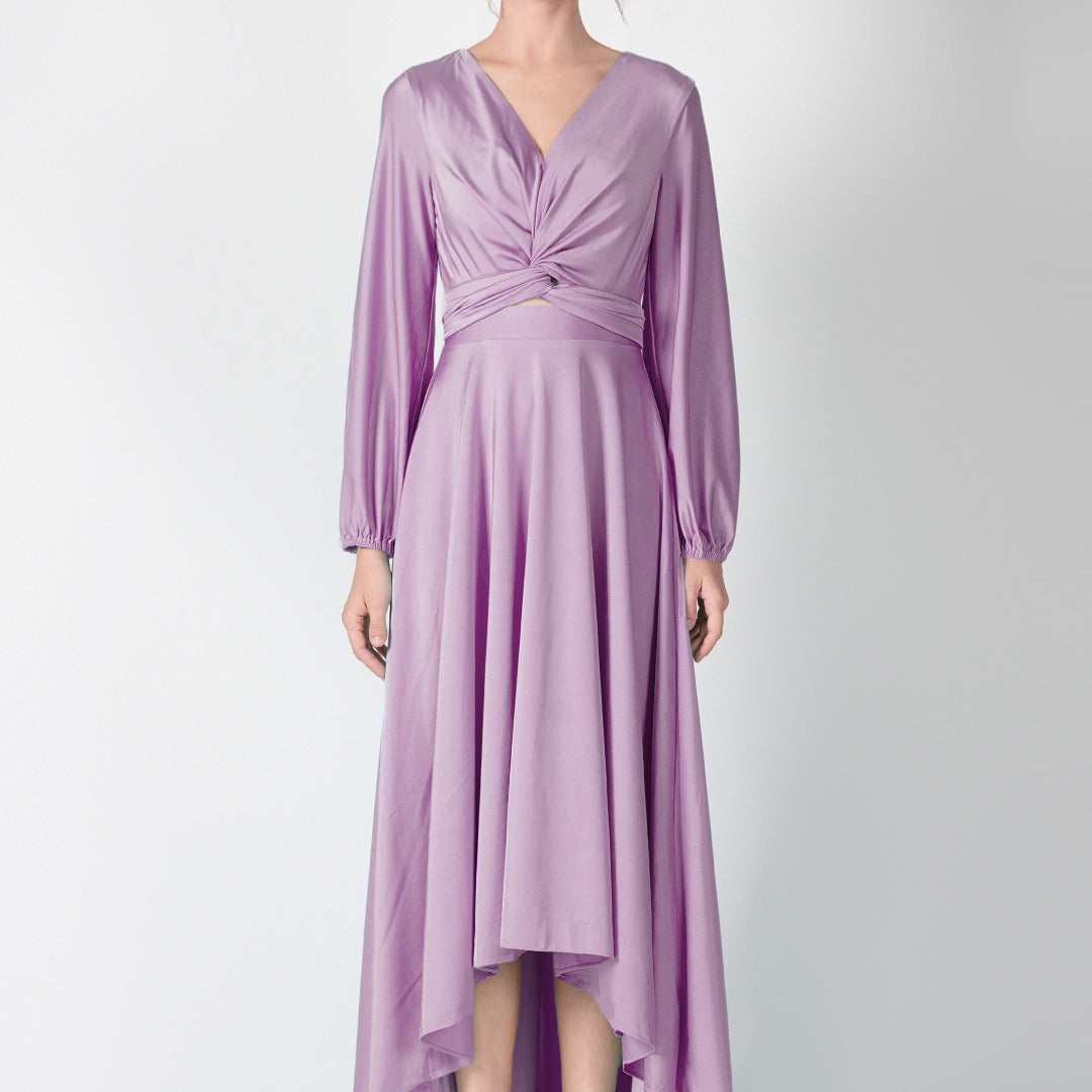 V-Neck Twist Front Detail High-Low Dresses