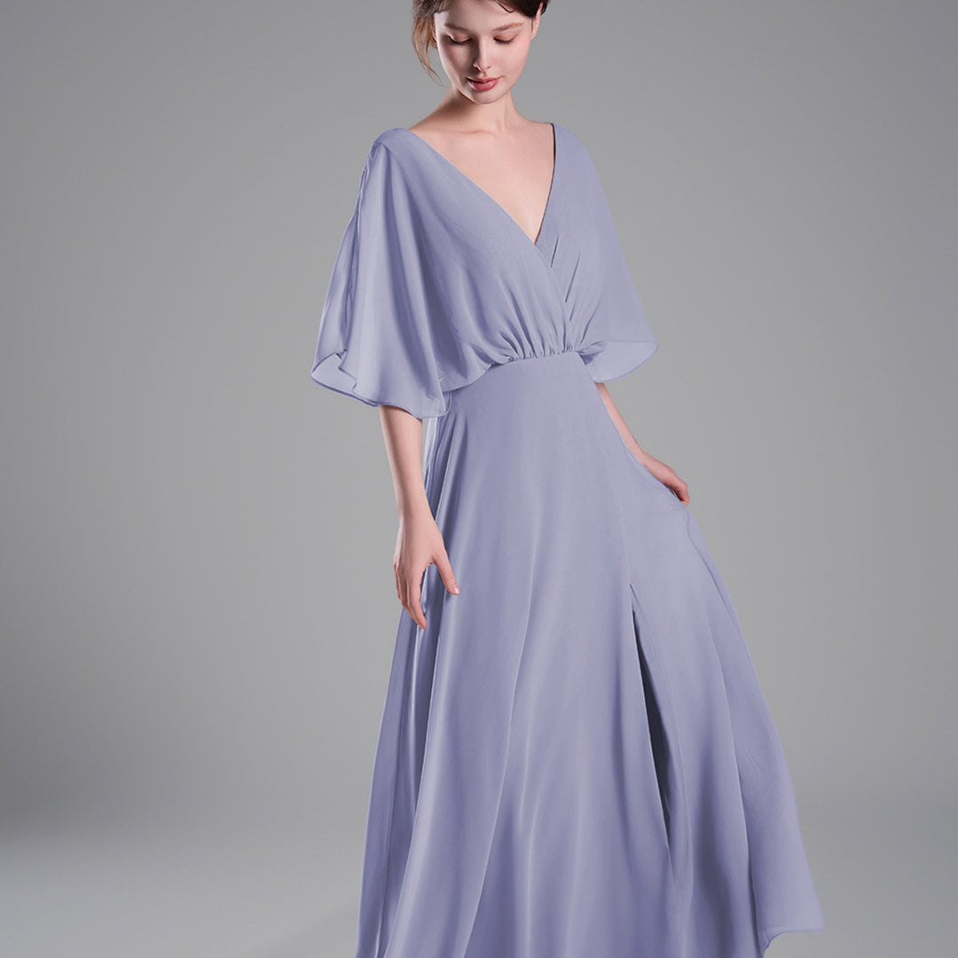 Draped Sleeves High Slit Backless Dresses