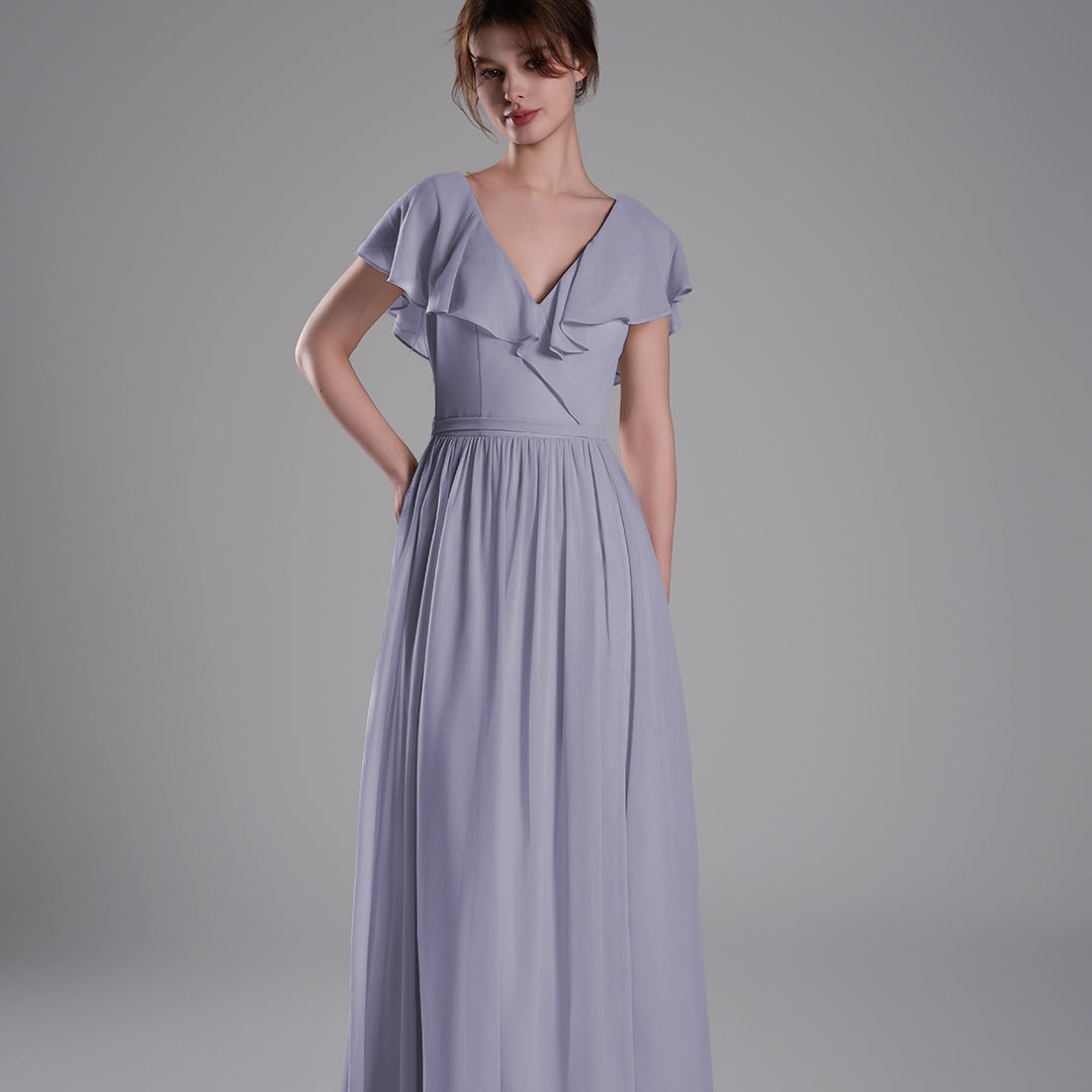 Deep V-Neckline Flutter Sleeves Tie Detail Dresses