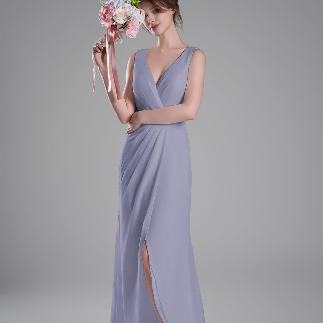 V-Neck Crossover Bodice Pleated Front Slit Dresses