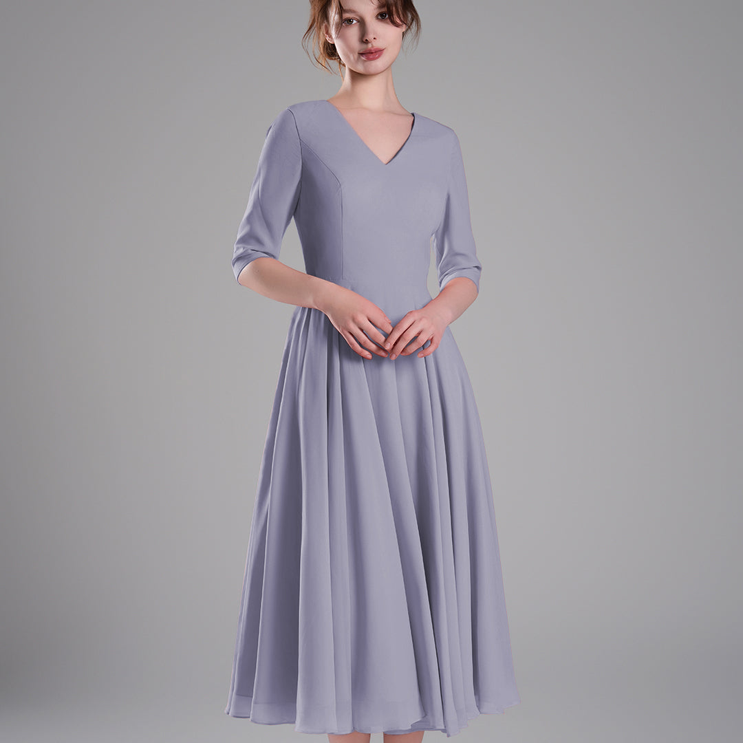 Elegant Chiffon Midi Dress with 3/4 Sleeves