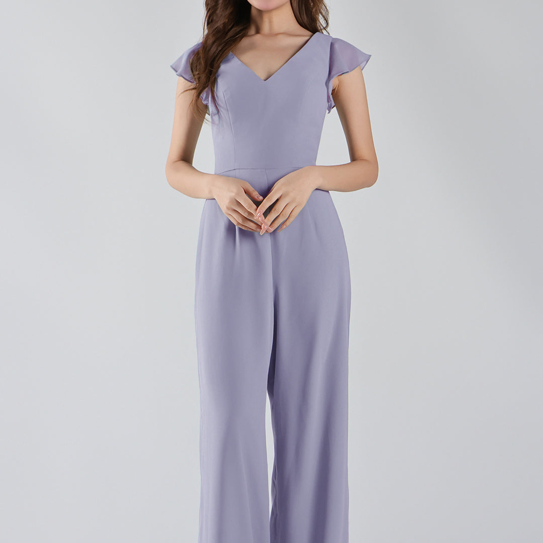 V-Neck Flutter Sleeves Wide-Leg Chiffon Jumpsuit
