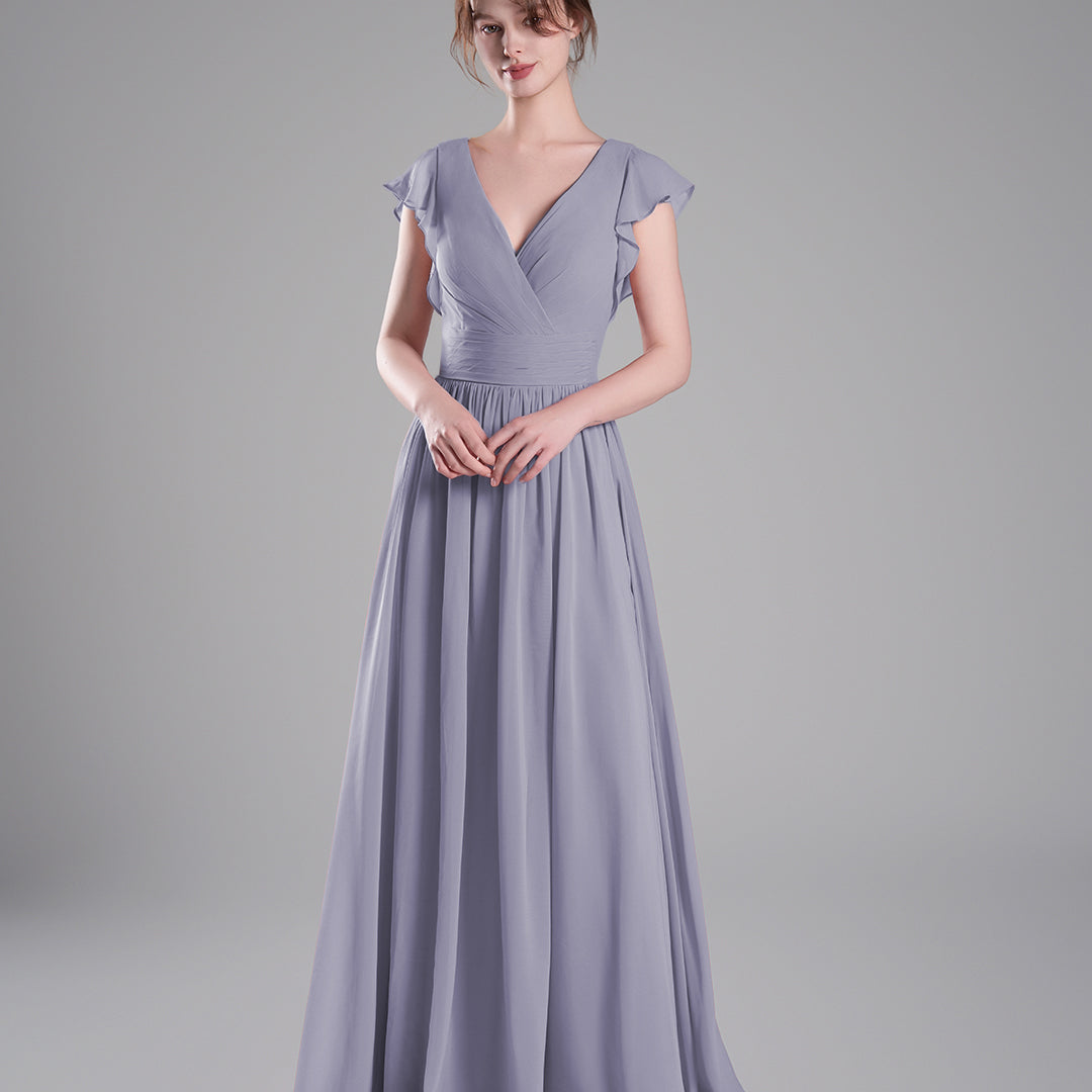 Flutter Sleeves Pleated Bodice Open Back Dresses