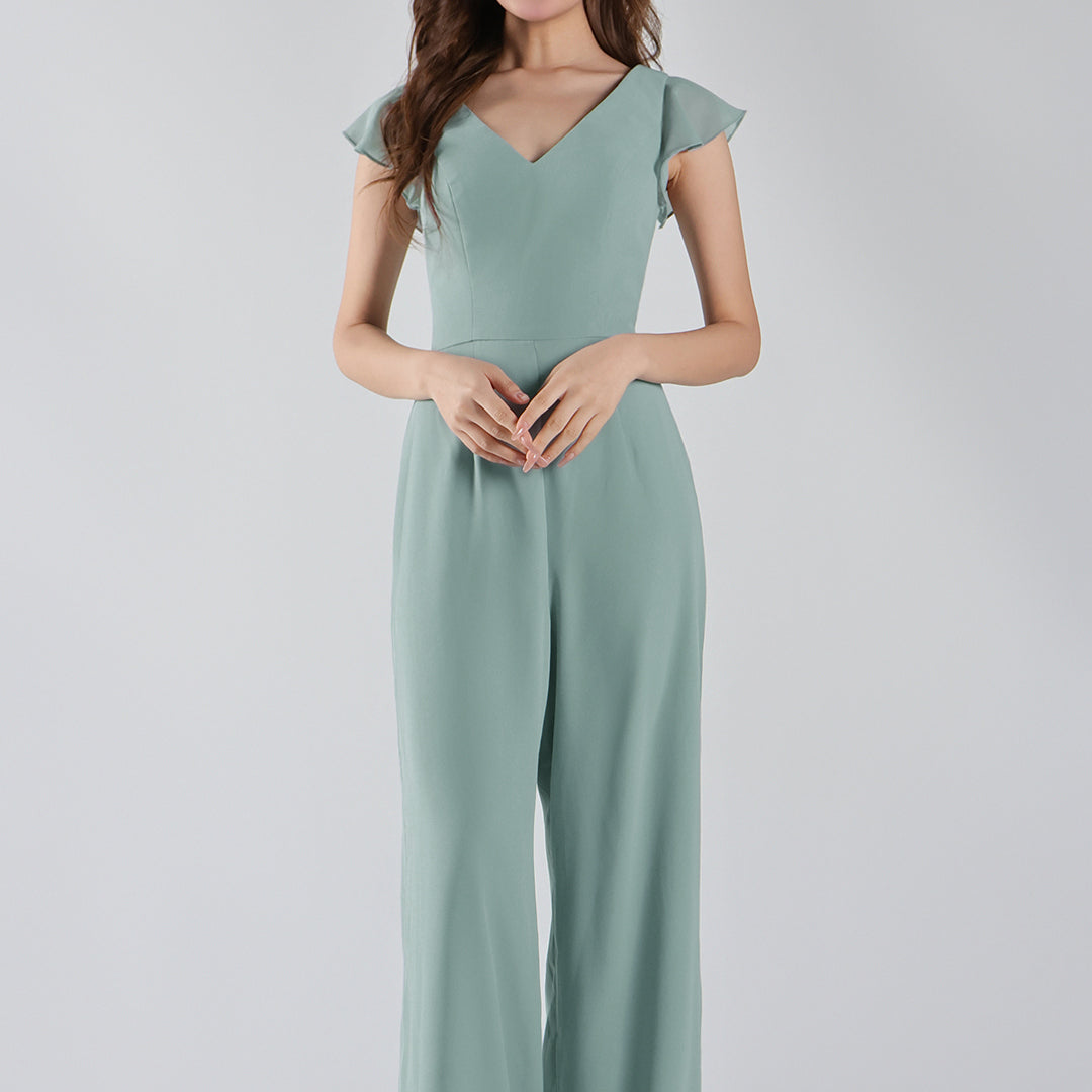 V-Neck Flutter Sleeves Wide-Leg Chiffon Jumpsuit