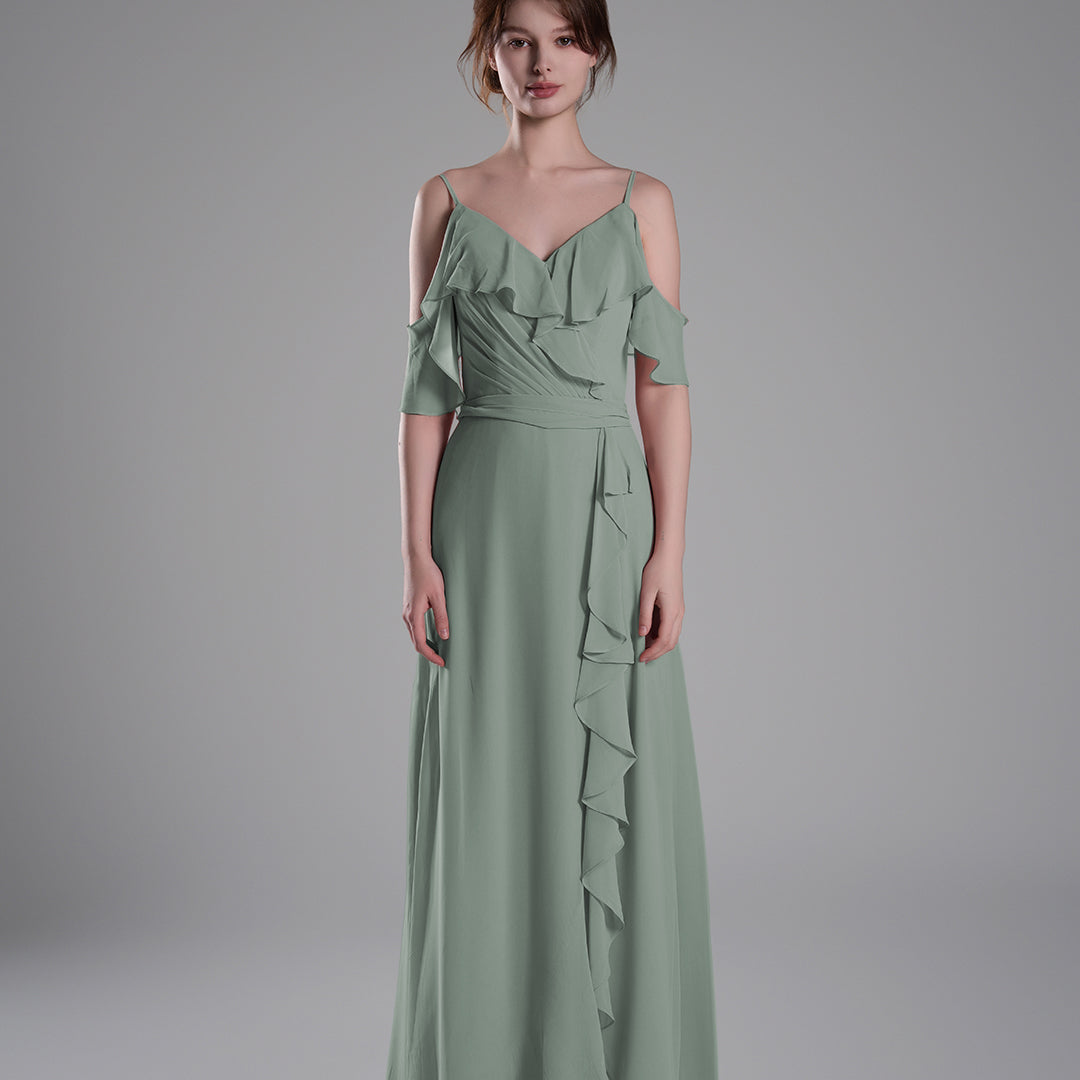 Adjustable Straps Ruffled Chiffon Long Dresses