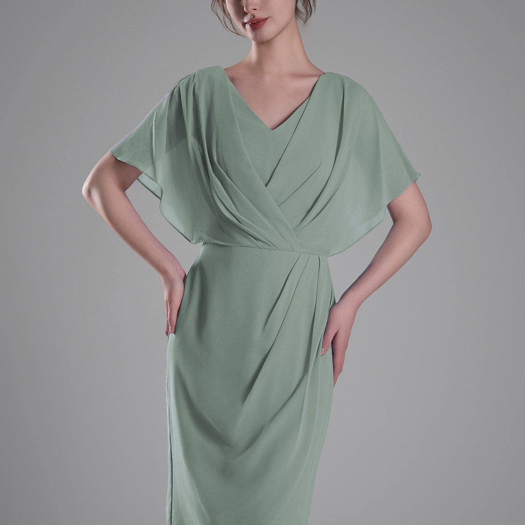 V-neck Pleated Cape Knee-length Dresses