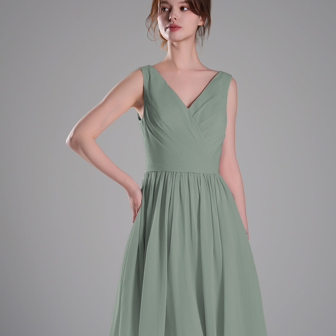 V-Neck Sleeveless Pleated Bodice Flowing Mini Dresses