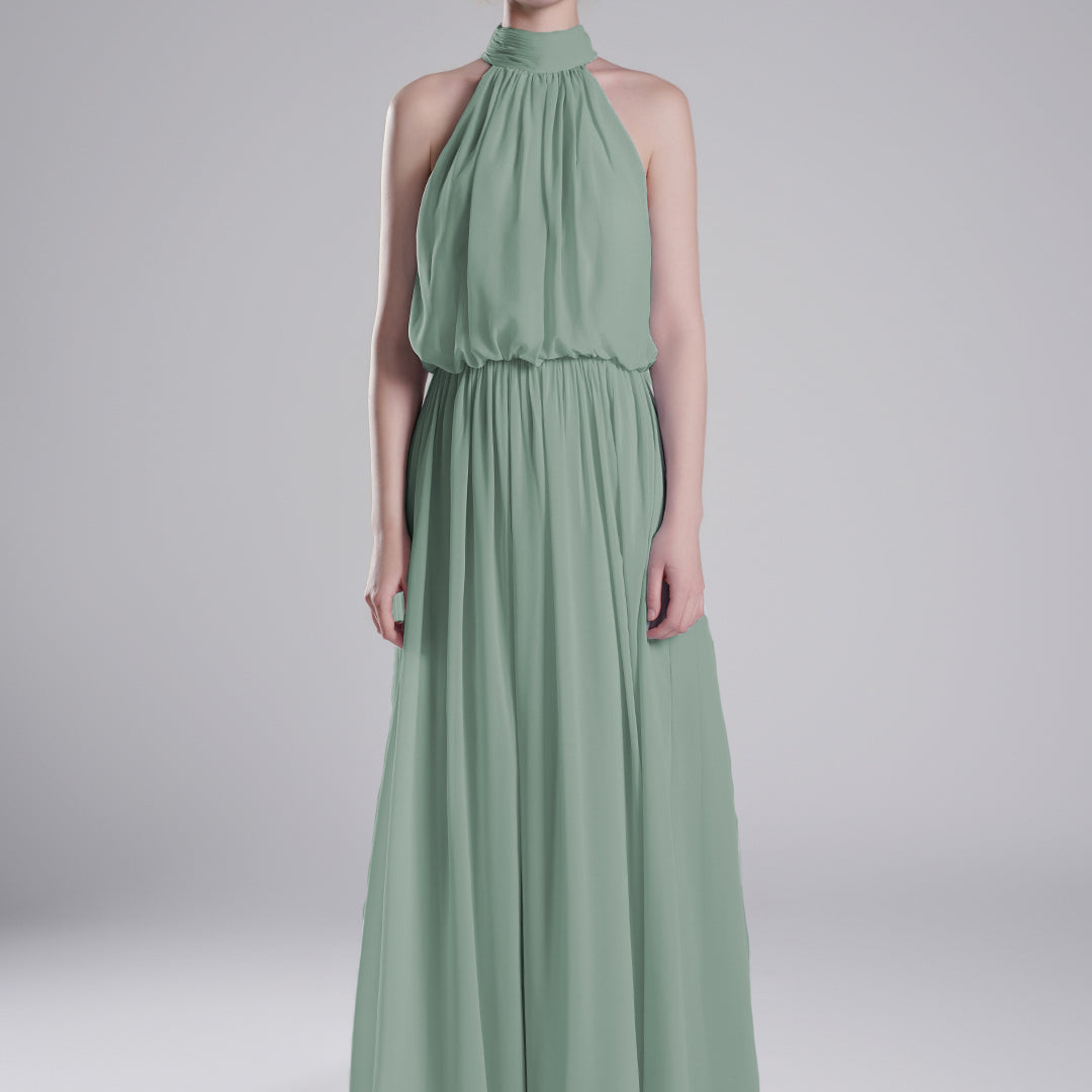 High Halter Neck Pleated Flowing A-Line Dresses