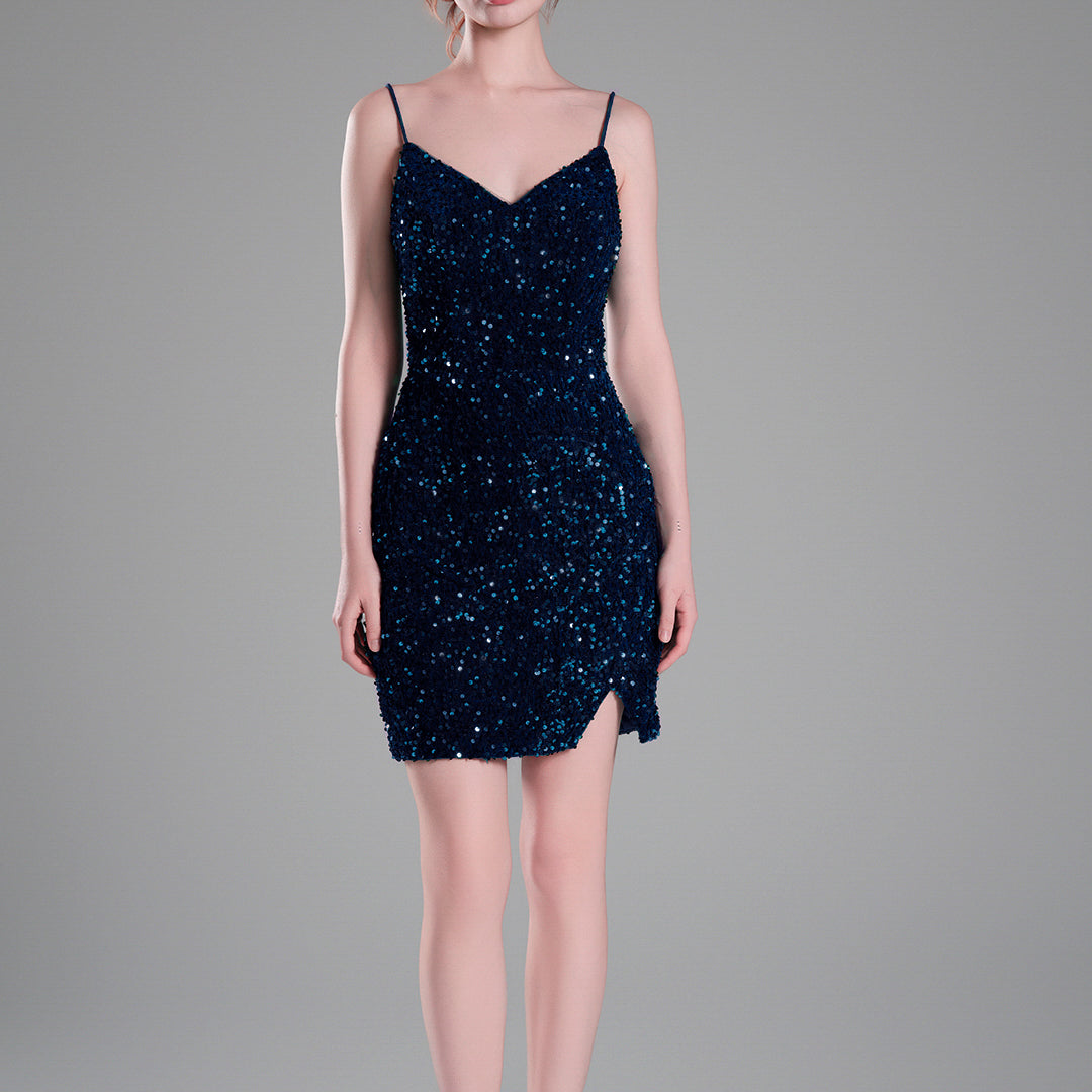 Spaghetti Straps Sparkling Velvet Sequin Mini Dress