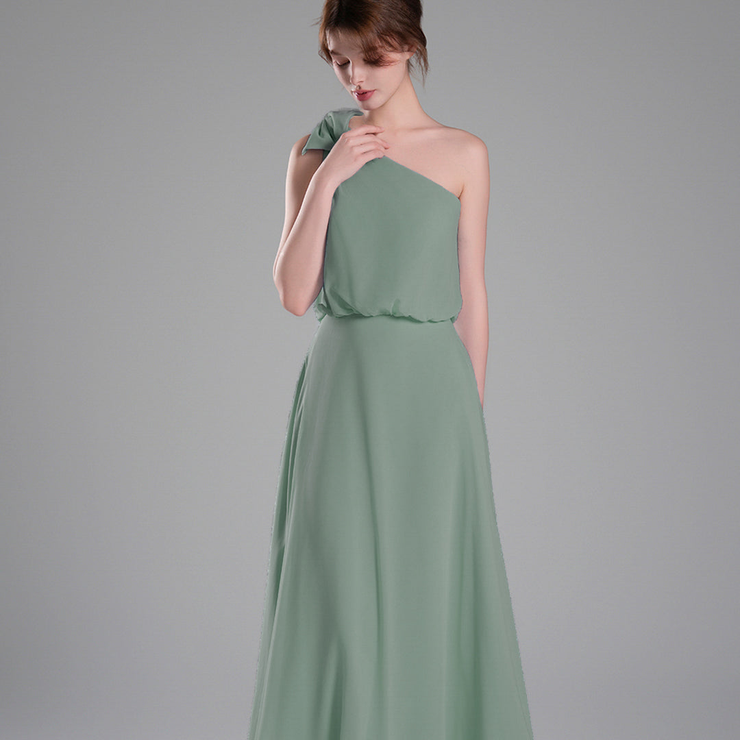 One-Shoulder Bow Detail Flowing A-Line Dresses