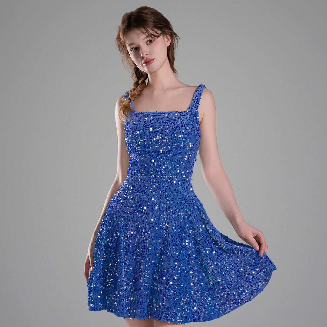 Square-Neck Wide Straps Sequins Pleated Dresses