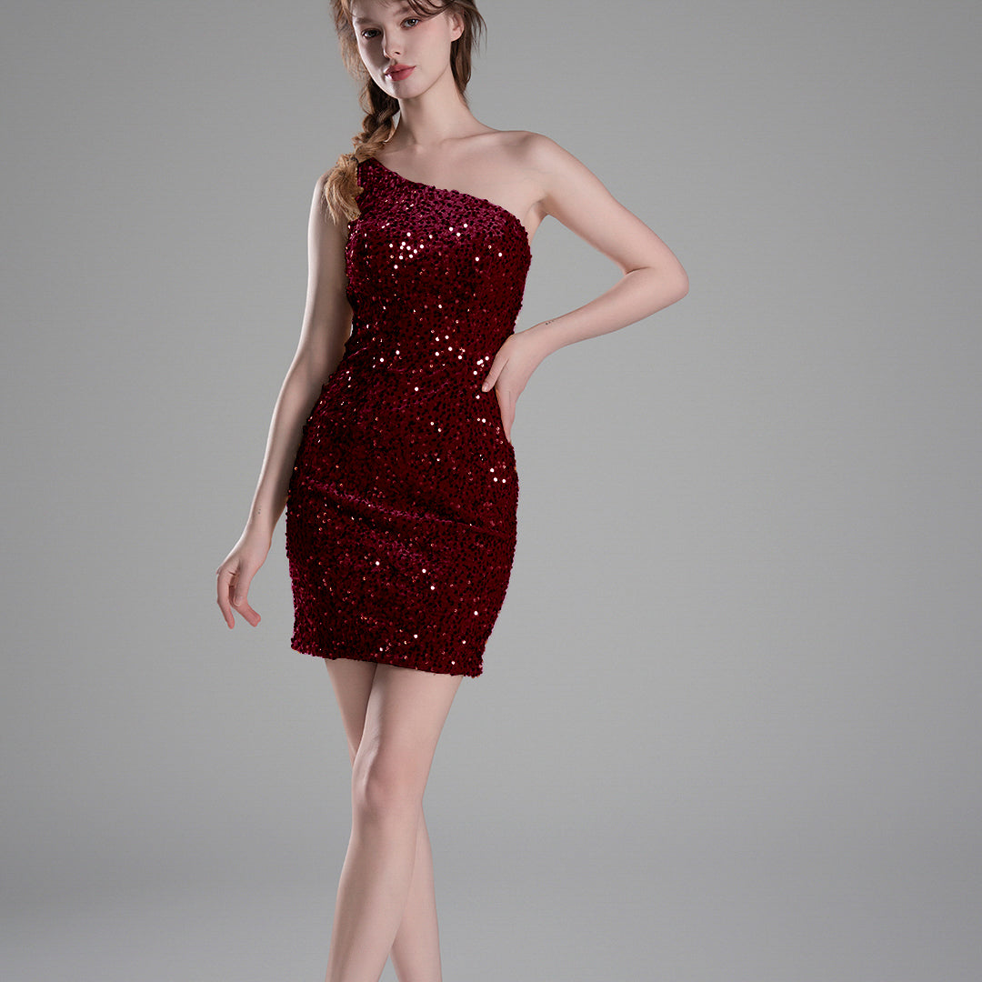 One-Shoulder Fitted Bodice Sequins Dresses