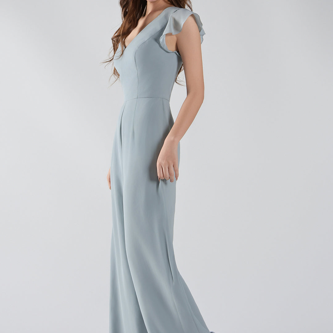V-Neck Flutter Sleeves Wide-Leg Chiffon Jumpsuit