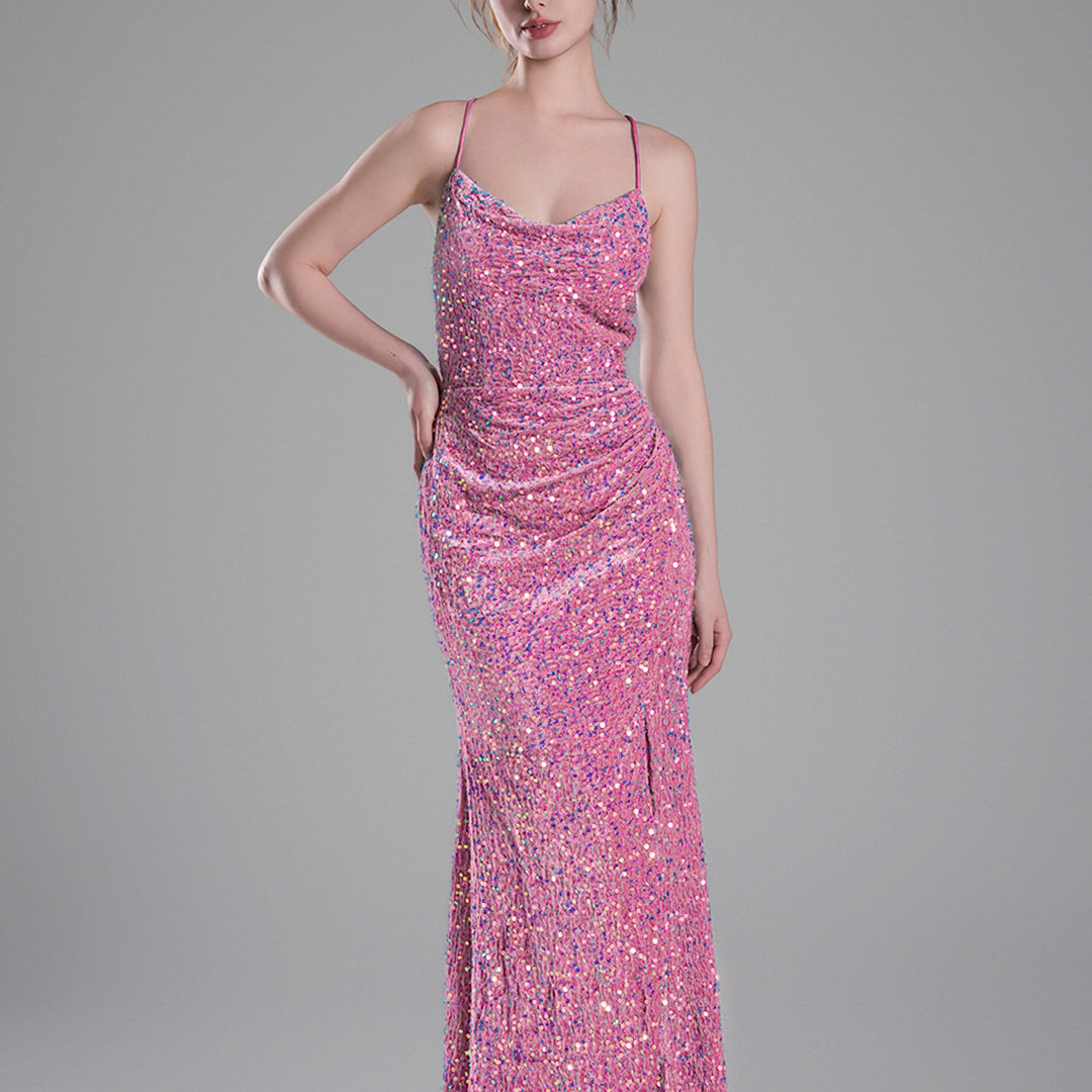 Cowl Neckline Eye-Catching Sequin Lace-Up Dresses