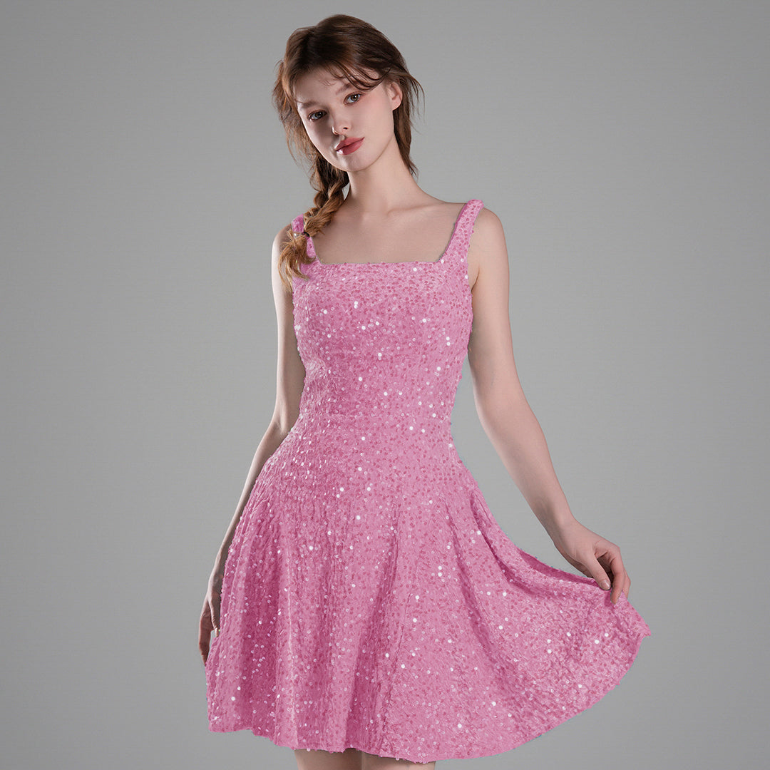 Square-Neck Wide Straps Sequins Pleated Dresses