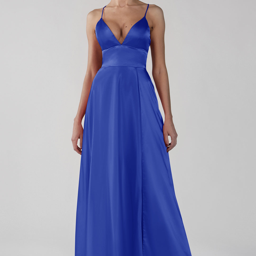 Deep V-Neck A-Line Backless Lace-Up Satin Maxi Dress