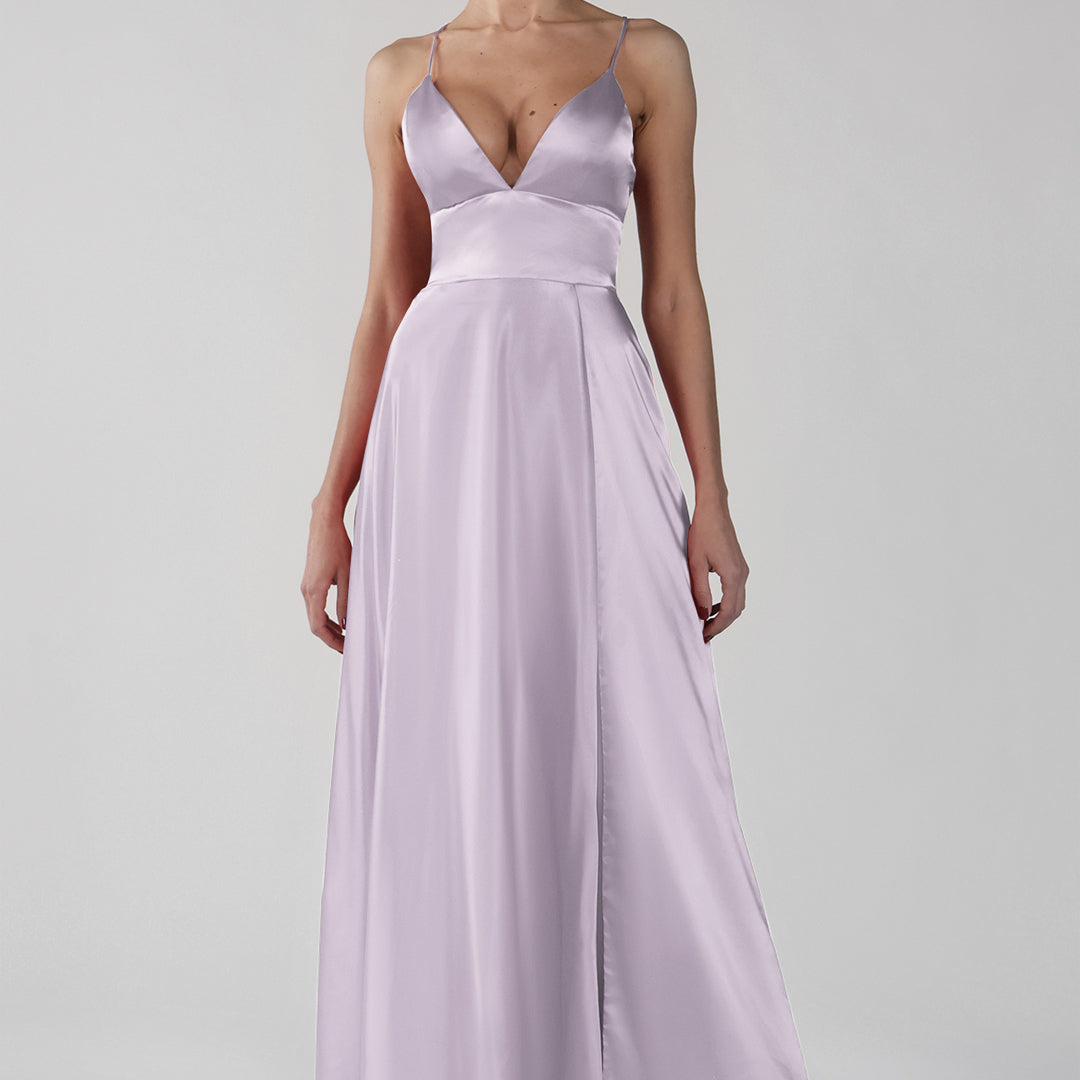 Deep V-Neck A-Line Backless Lace-Up Satin Maxi Dress