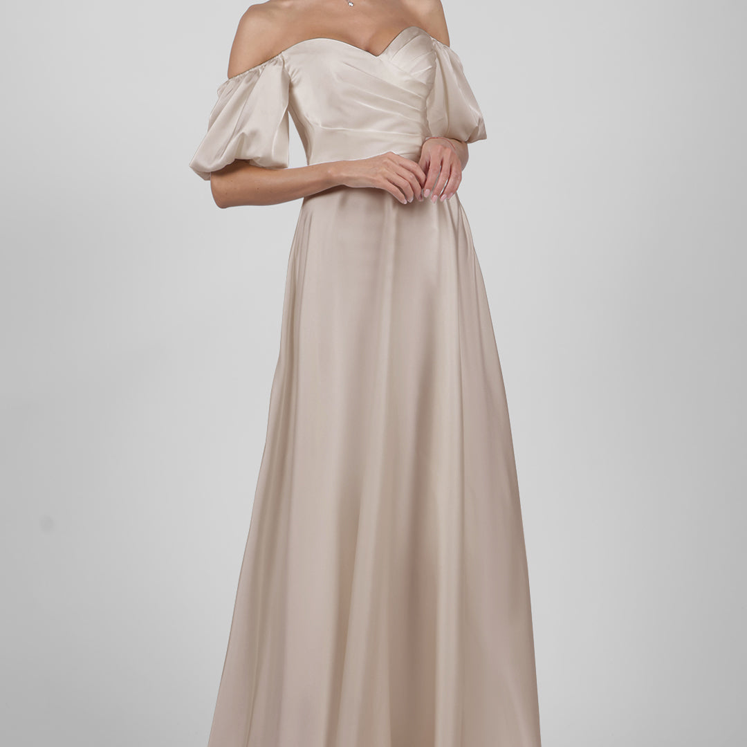 Off-Shoulder Puffy Sleeve Bridesmaid Maxi Dress