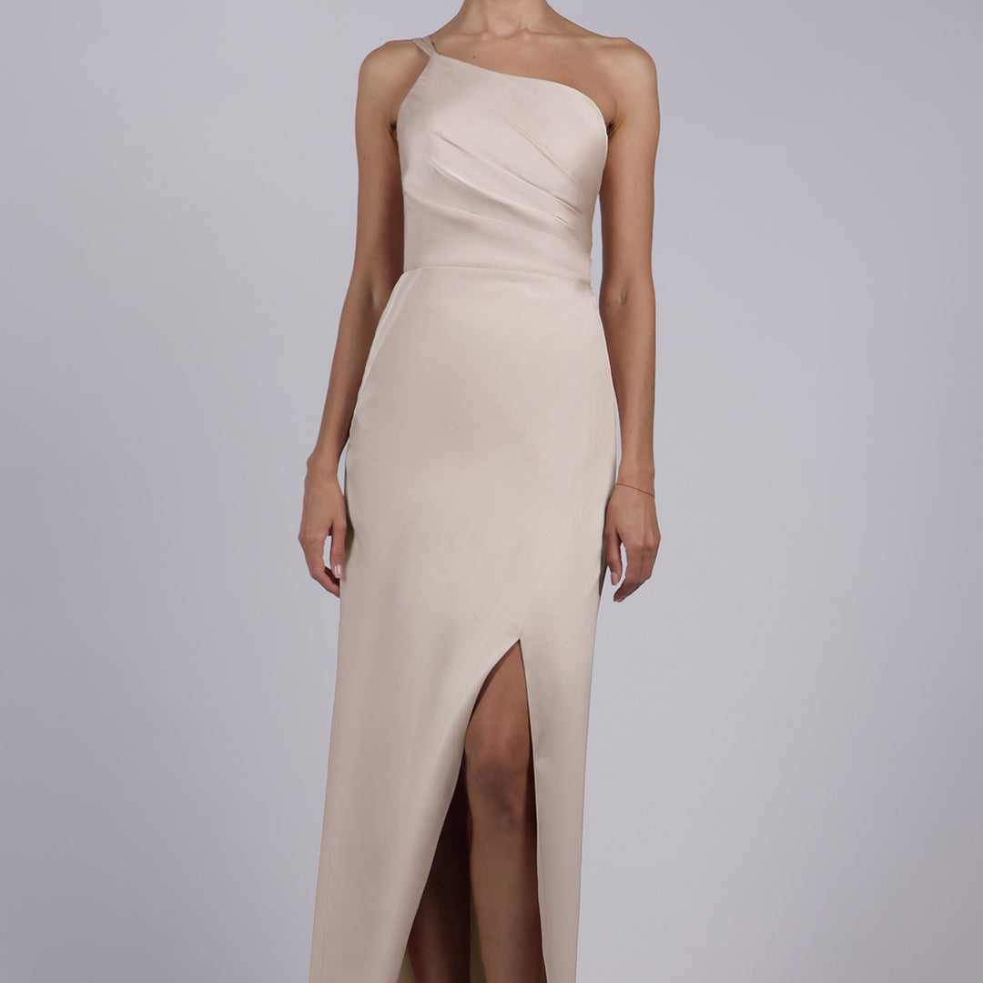 One Shoulder Spaghetti Straps Front Split Pleated Sheath Maxi Dress