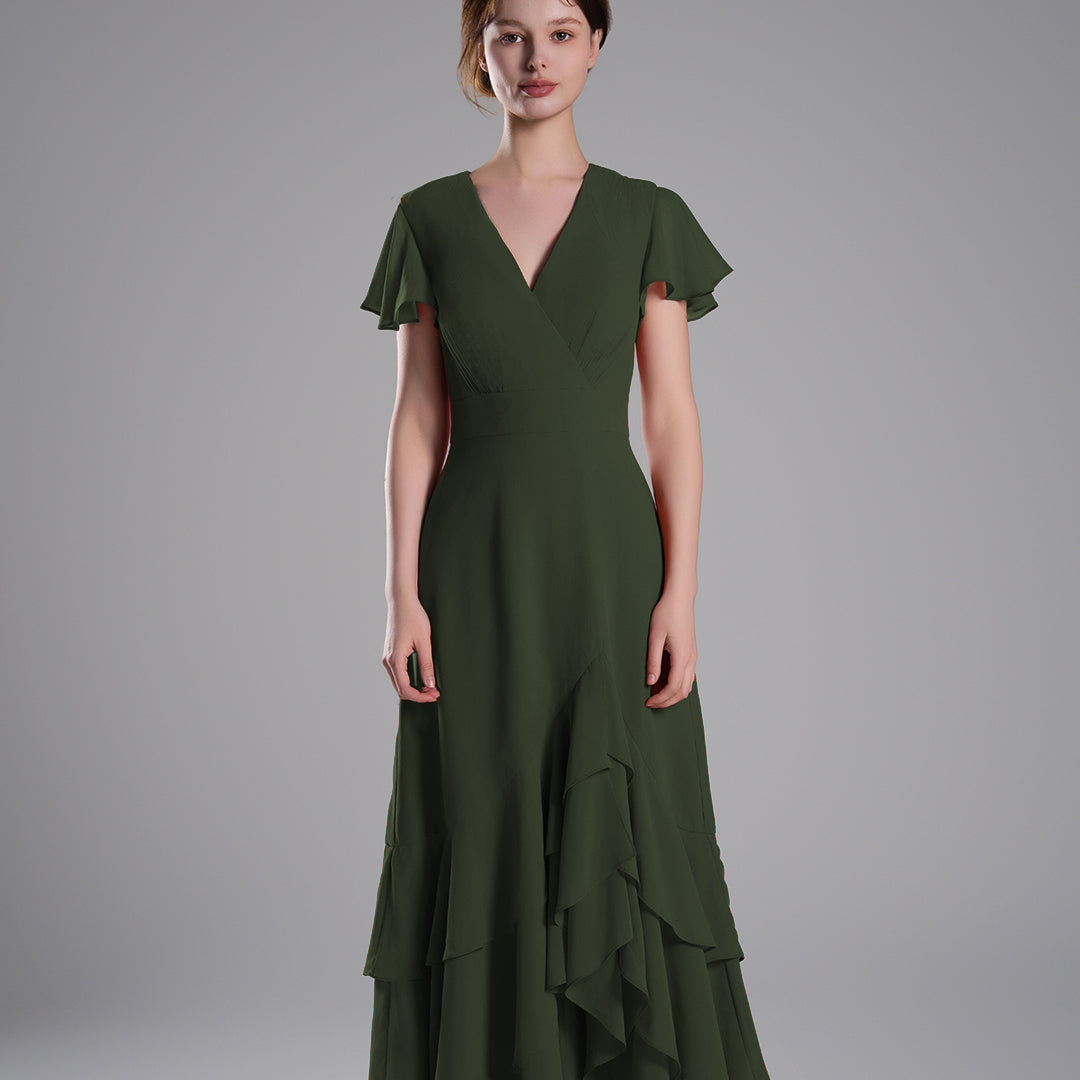 V-Neck Flutter Sleeves Asymmetrical Hemline Dresses