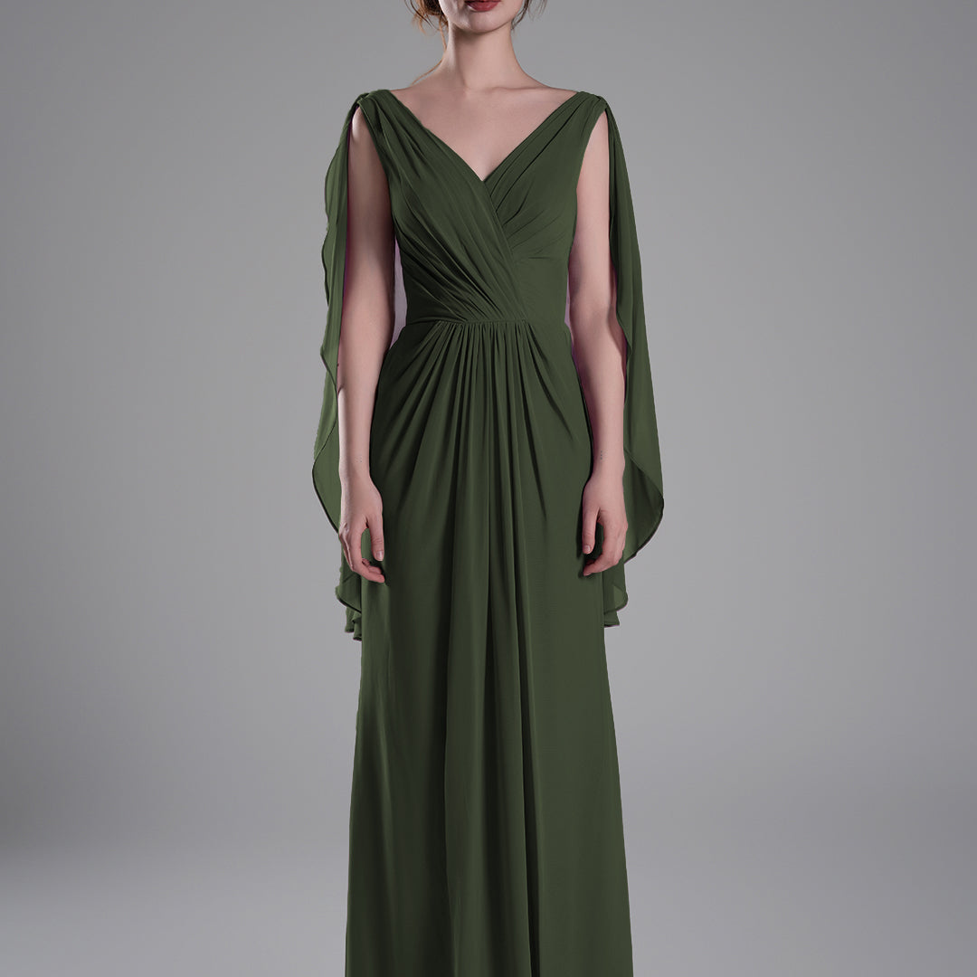 V-Neck Flowing Cape Sleeves Pleated Dress