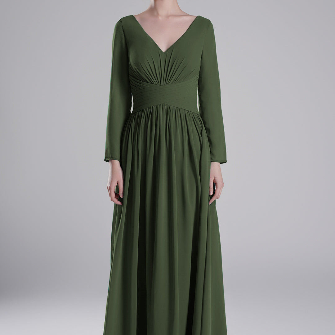 V-Neck Pleated Fitted Waist Flowing A-Line Dresses
