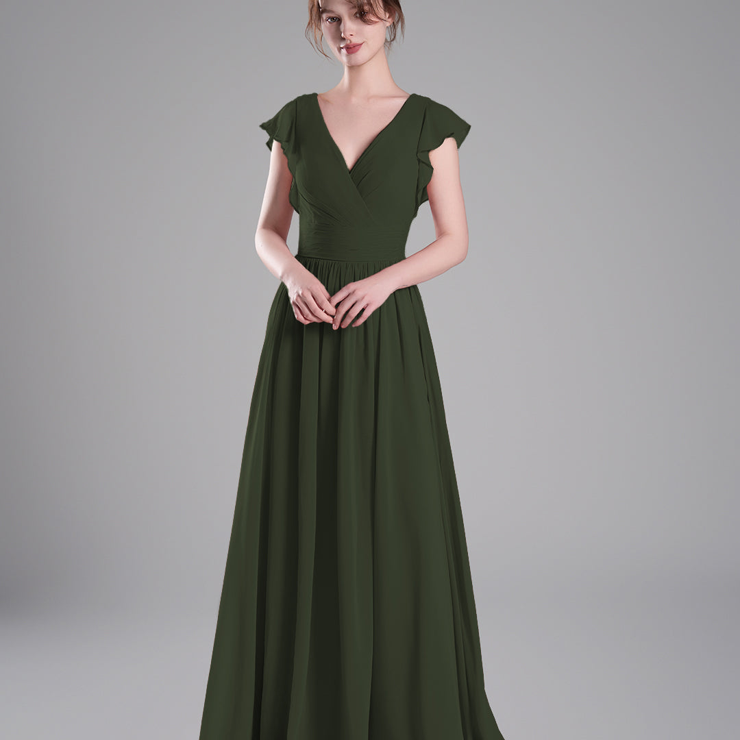 Flutter Sleeves Pleated Bodice Open Back Dresses