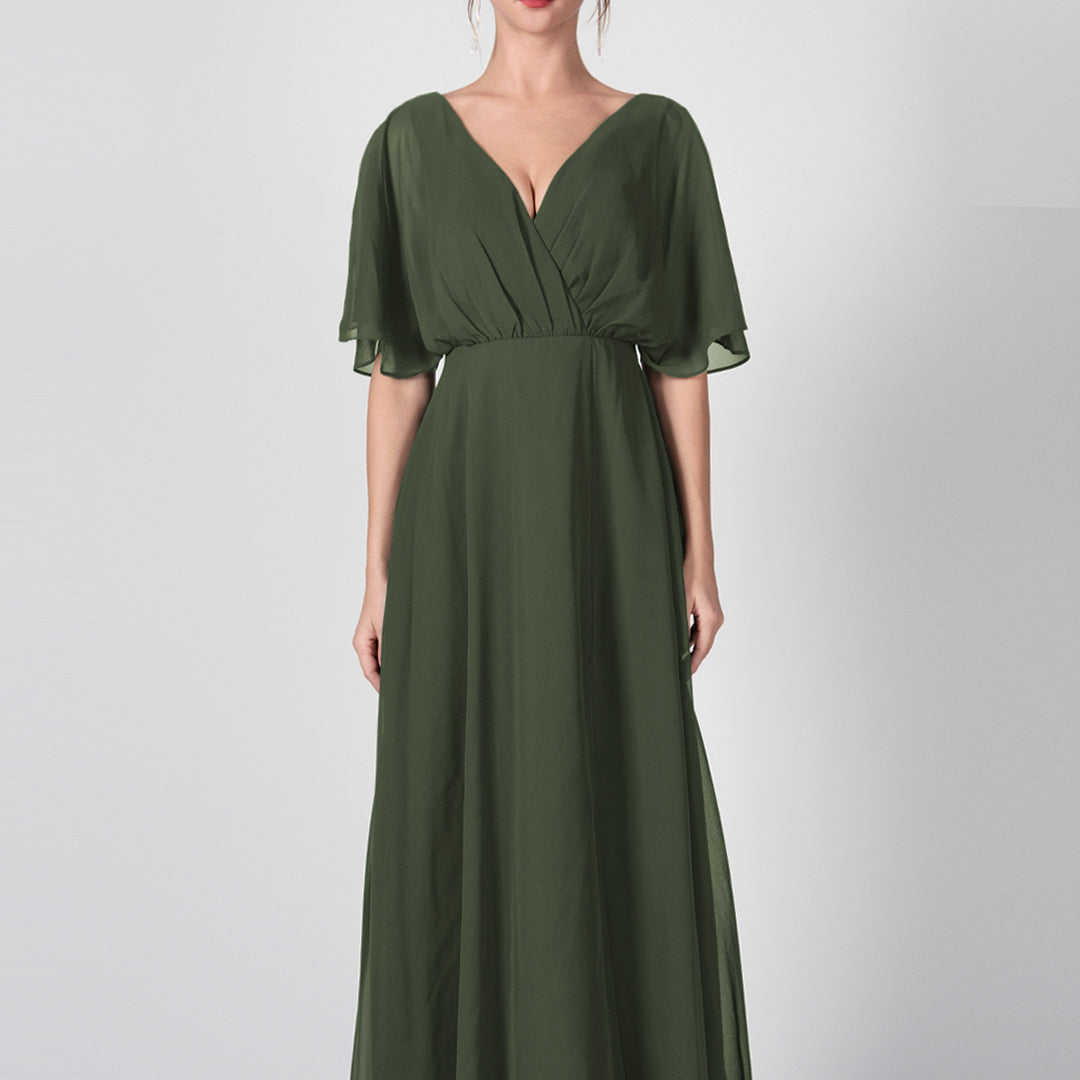 Open Back V-Neck Split Chiffon Maxi Dresses