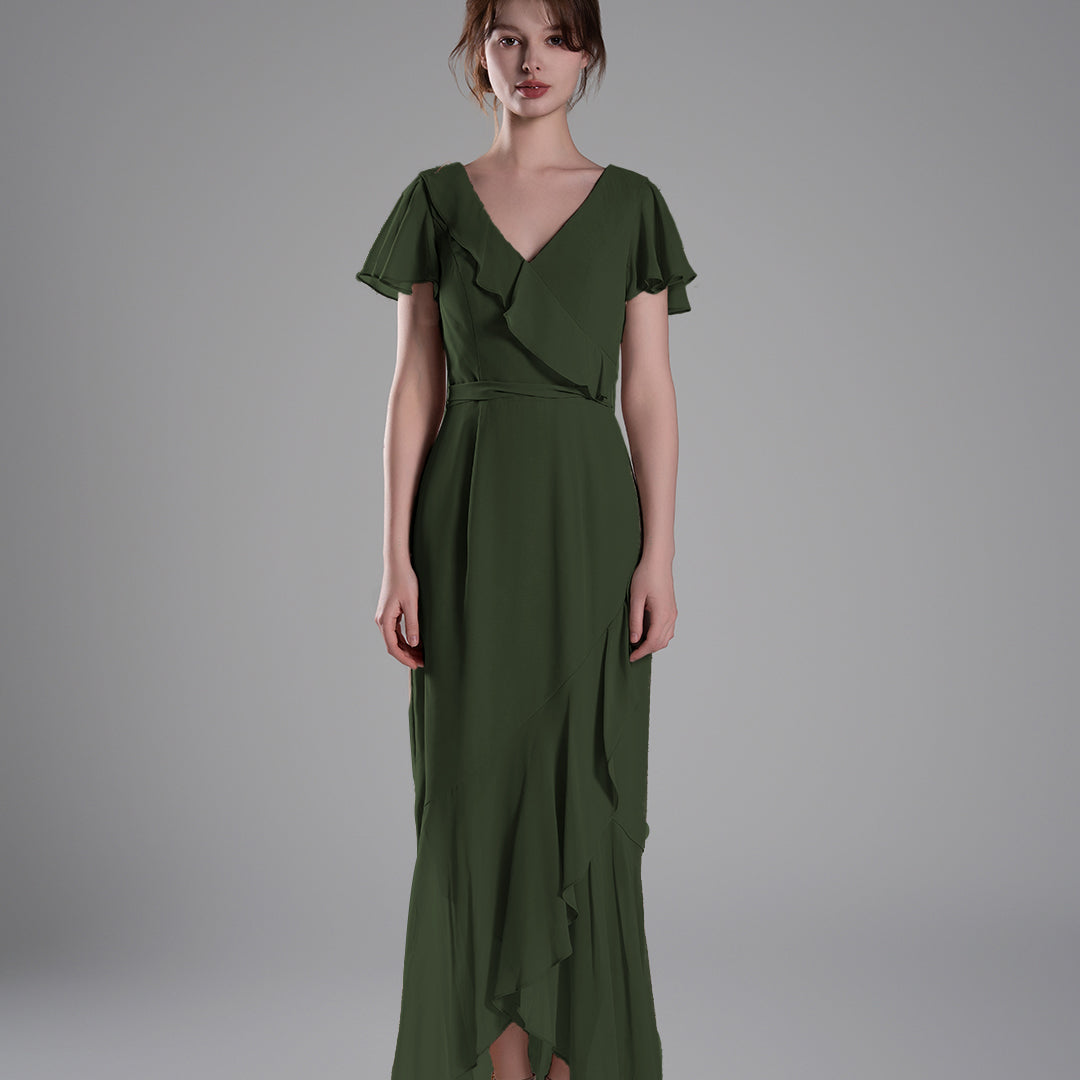 V-Neck Ruffled Detailing Pleated Patchwork Dresses