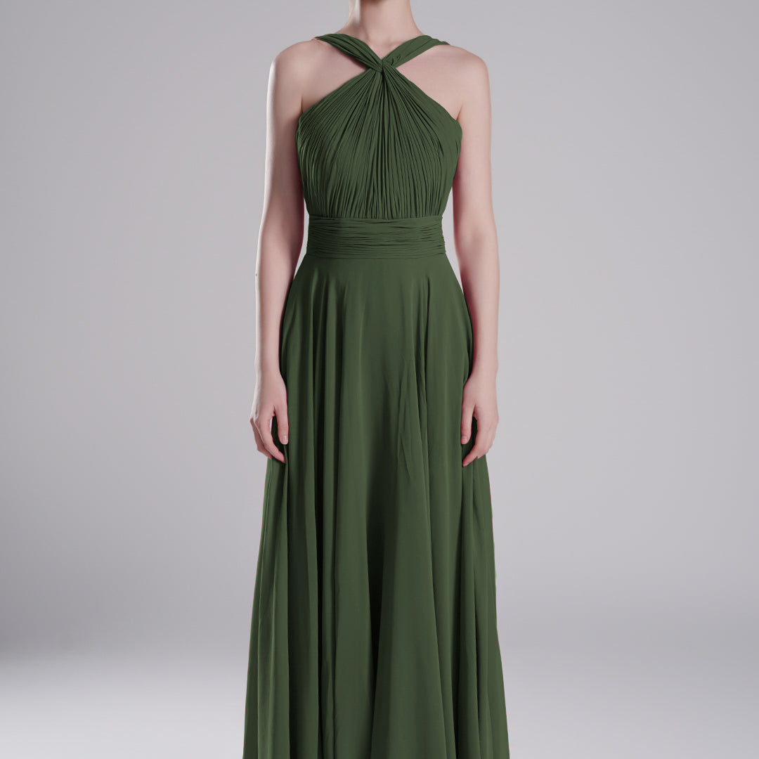 Halter Neck Cross Straps Pleated Waist A-Line Dresses
