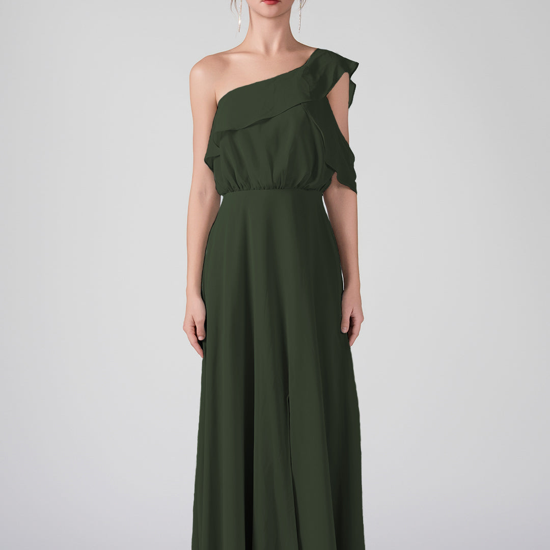 One Shoulder Ruffled Sleeves Front Split A-Line Maxi Dress