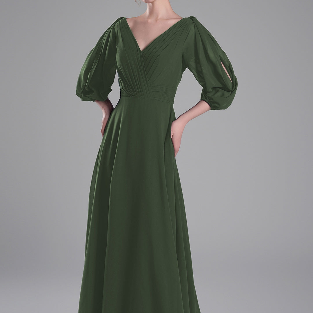 V-Neck Puffy Sleeves Pleated A-Line Dresses