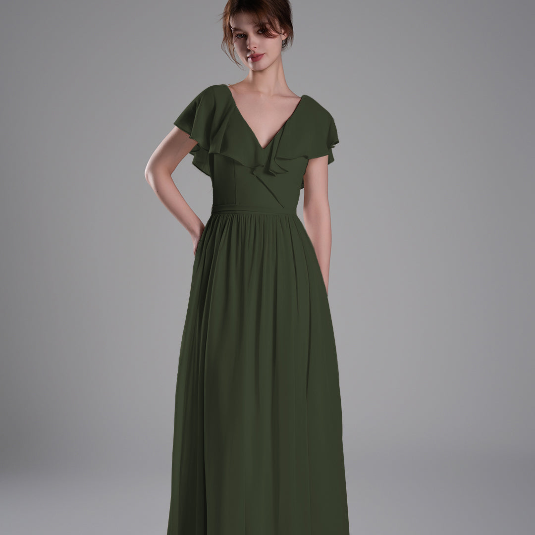 Deep V-Neckline Flutter Sleeves Tie Detail Dresses