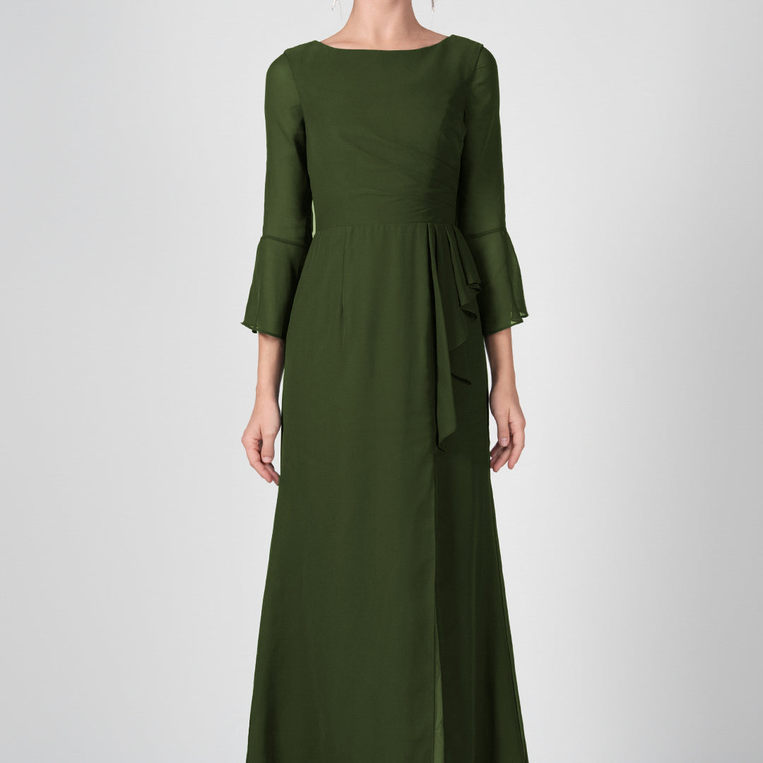 Bateau Neck Sheer Sleeve Split Maxi Dresses