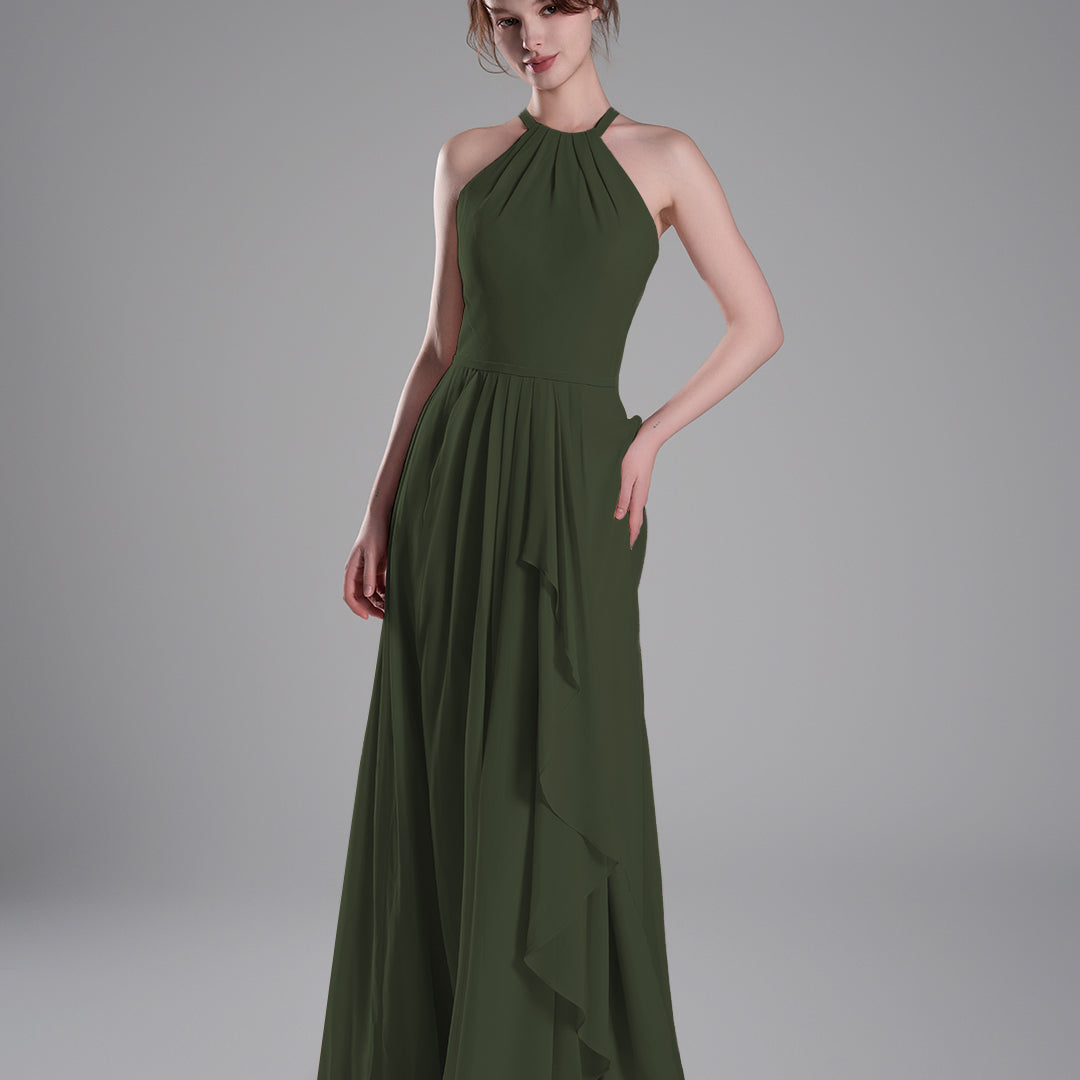 Halter Neckline Pleated Asymmetrical Ruffle Dresses