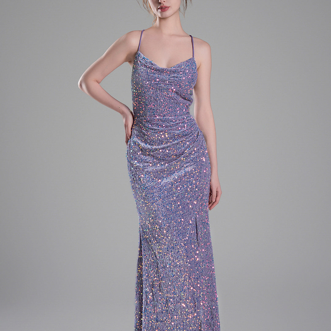 Cowl Neckline Eye-Catching Sequin Lace-Up Dresses