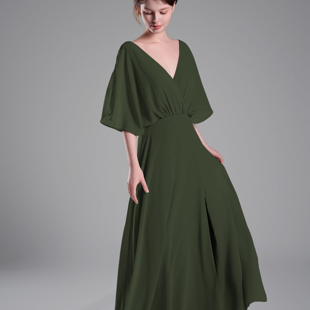 Draped Sleeves High Slit Backless Dresses