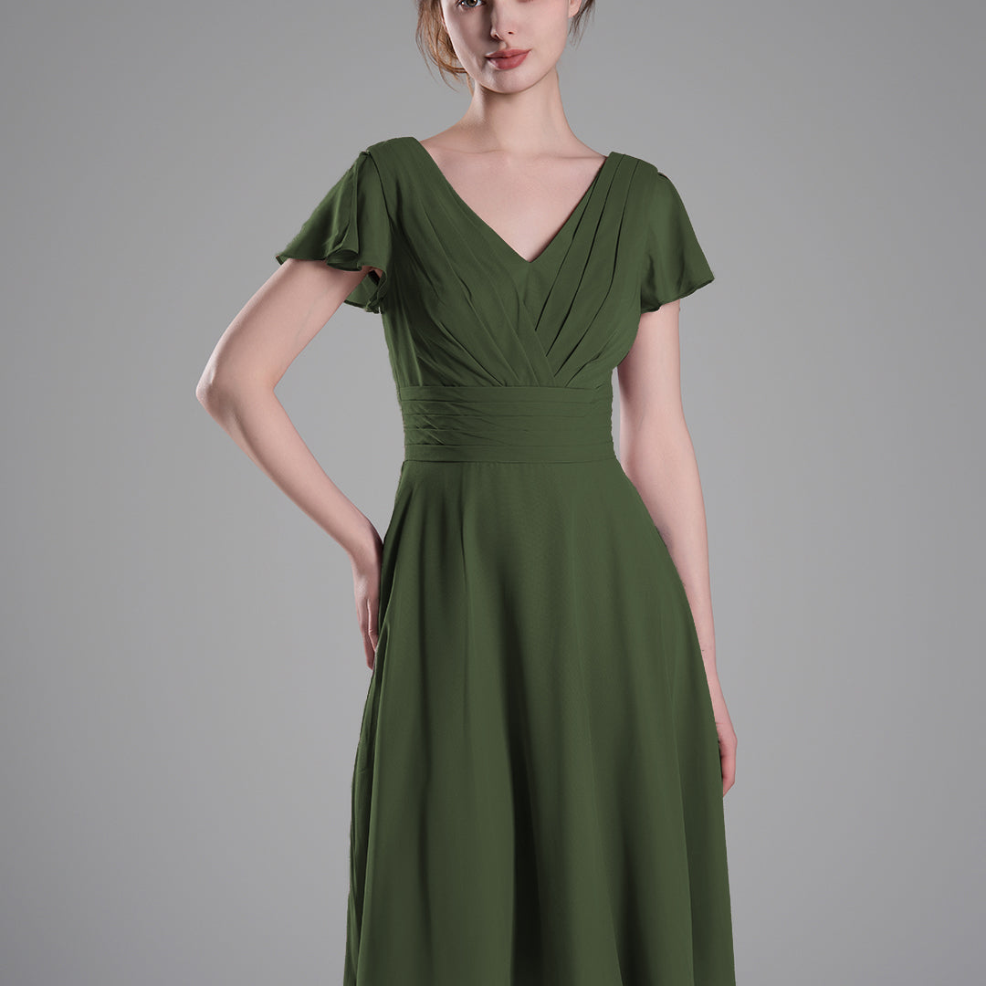 Flutter Sleeves Pleated V-Cut Back Mini Dresses