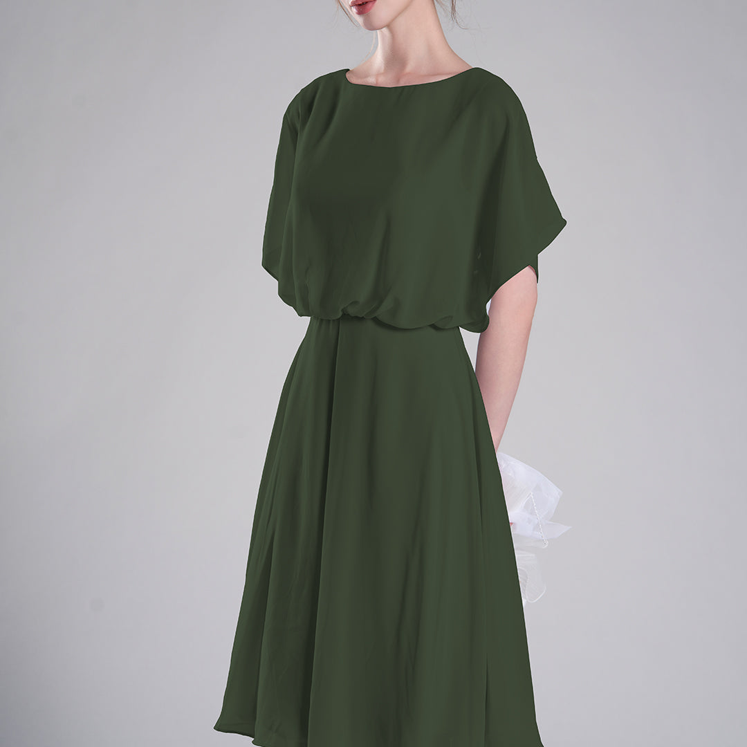 Round Neck Draped Sleeves Tie Detail Dresses