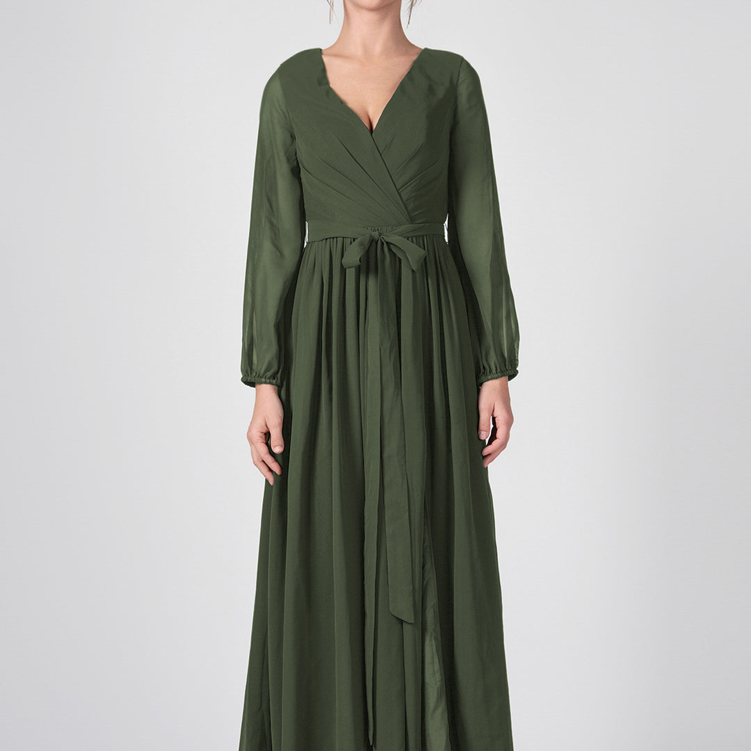 Ruched V-Neck Long Sleeve Split Maxi Dresses with Tie