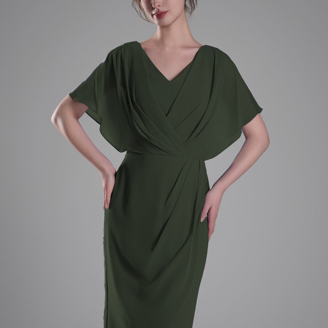 V-neck Pleated Cape Knee-length Dresses