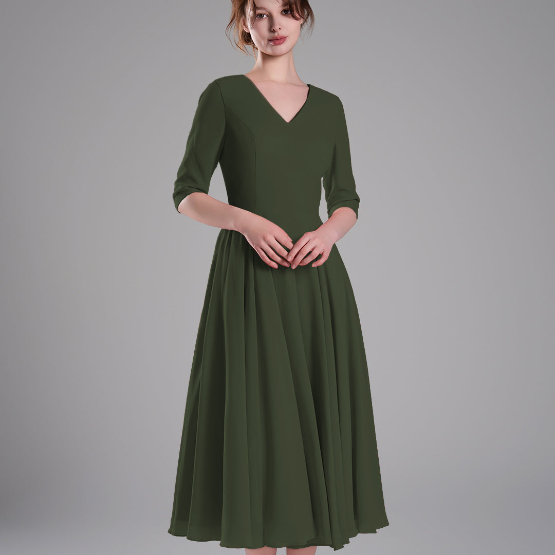 Elegant Chiffon Midi Dress with 3/4 Sleeves