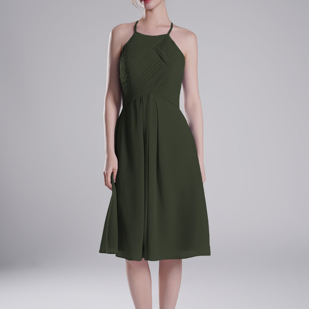 Halter Neckline Pleated Bodice Open Back Mini Dresses