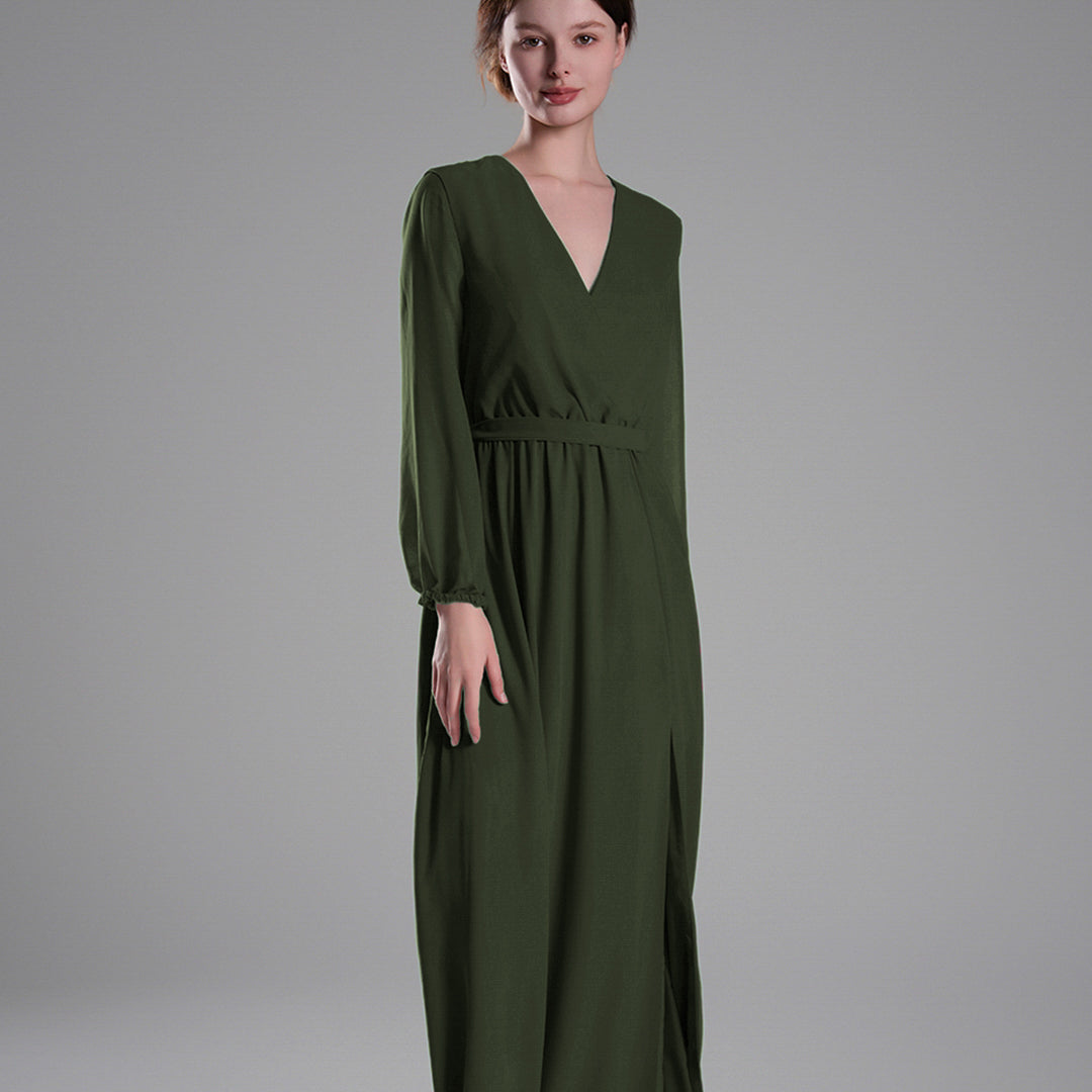 V-Neck Elegant Long Sleeves Flared Slit Dresses